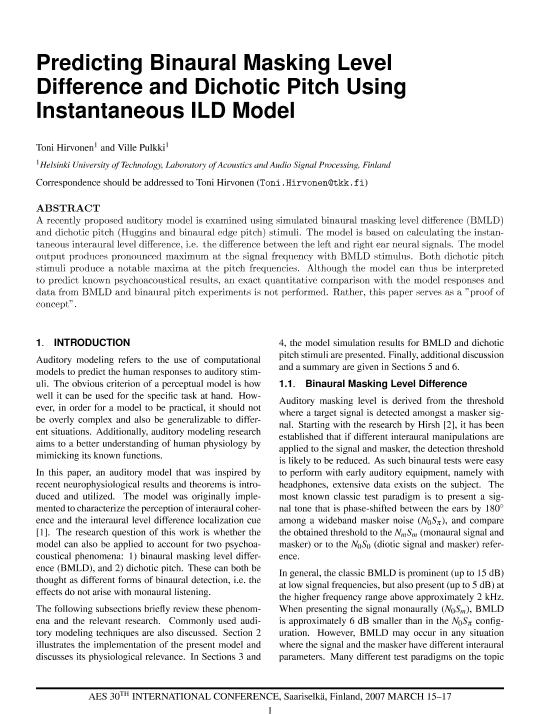 AES E-Library » Predicting Binaural Masking Level Difference and Dichotic Using Instantaneous Model