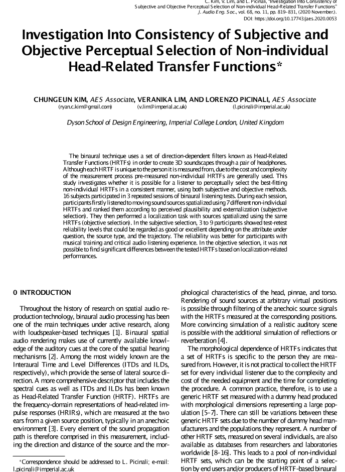 Aes E Library Investigation Into Consistency Of Subjective And Objective Perceptual Selection Of Non Individual Head Related Transfer Functions