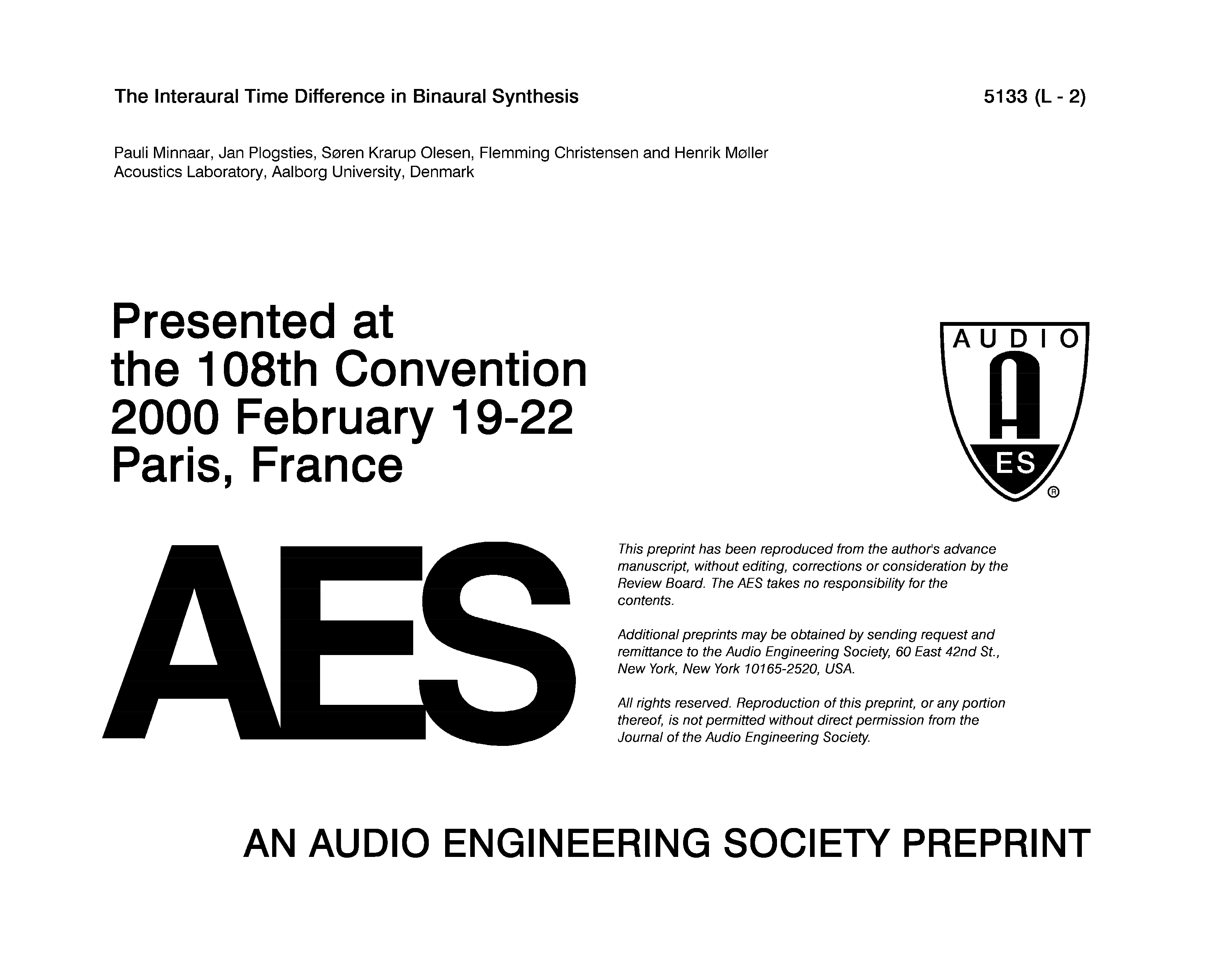 AES E Library The Interaural Time Difference In Binaural Synthesis