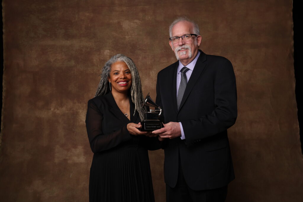 AES President-Elect Leslie Gaston-Bird (left) and President Bruce Olson accepted a Technical GRAMMY® Award on behalf of the Audio Engineering Society during the GRAMMY® Week celebration in February 2023. Photo by Getty Images for the Recording Academy.