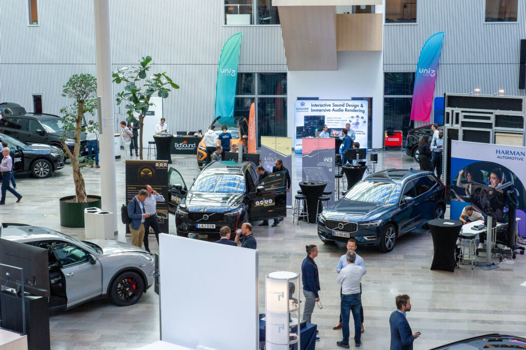 Photo shows exhibit hall at the 2024 Automotive Audio Conference in Sweden.