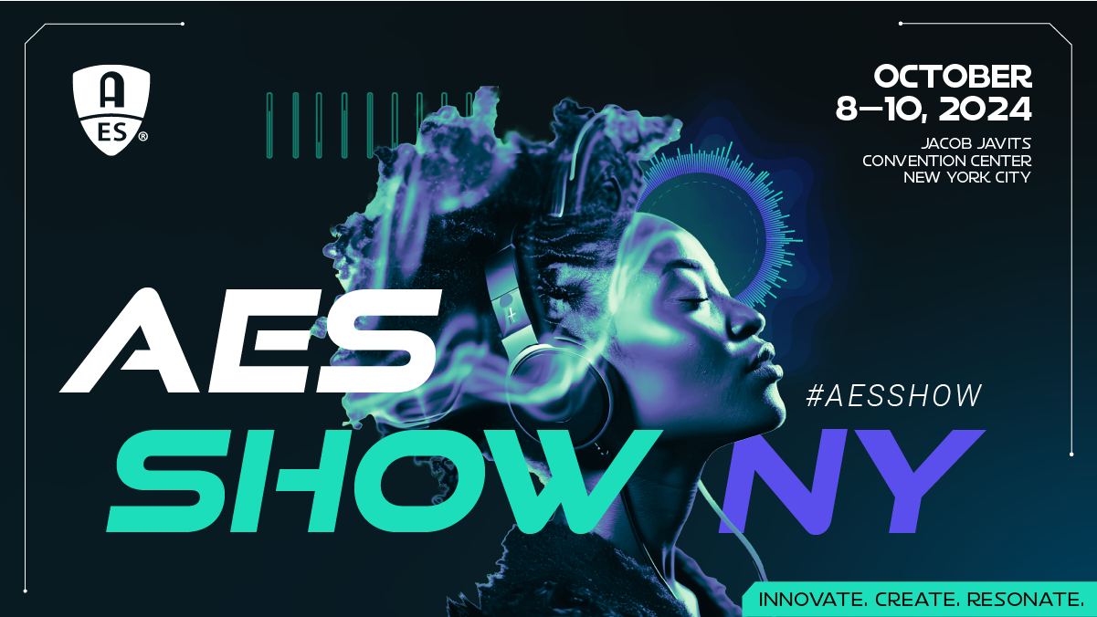 Image shows female with headphones on and sound waves depicting the creative concept for AES Show 2024 NY, held October 8-10 in New York City.