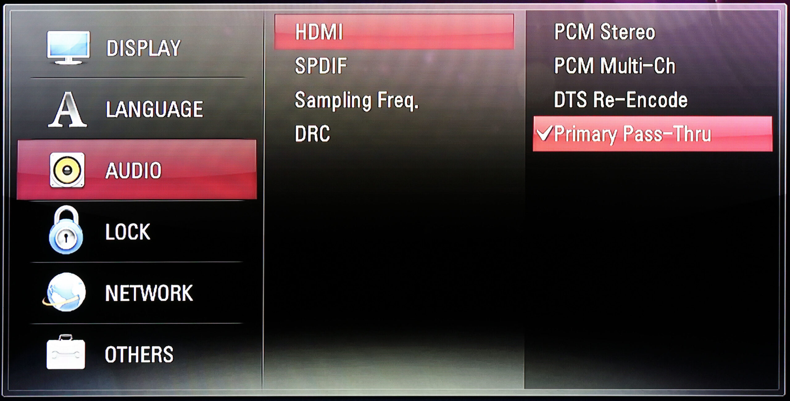 Television audio settings menu showing HDMI output configured for Primary Pass-Thru.